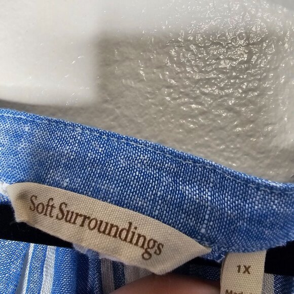 Soft Surrounding 1X Blue Striped Linen Blend Roll Tab Top Nautical Coastal Beach - Picture 4 of 6